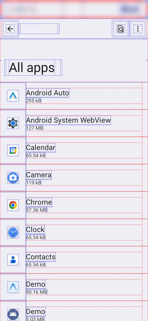 Settings, All apps, with Show layout bounds on: a box around every row, icon and label.