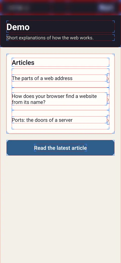 The Expo demo app, in JavaScript. With Show layout bounds on: a box around the header, each row, each text, the chevrons and the button.