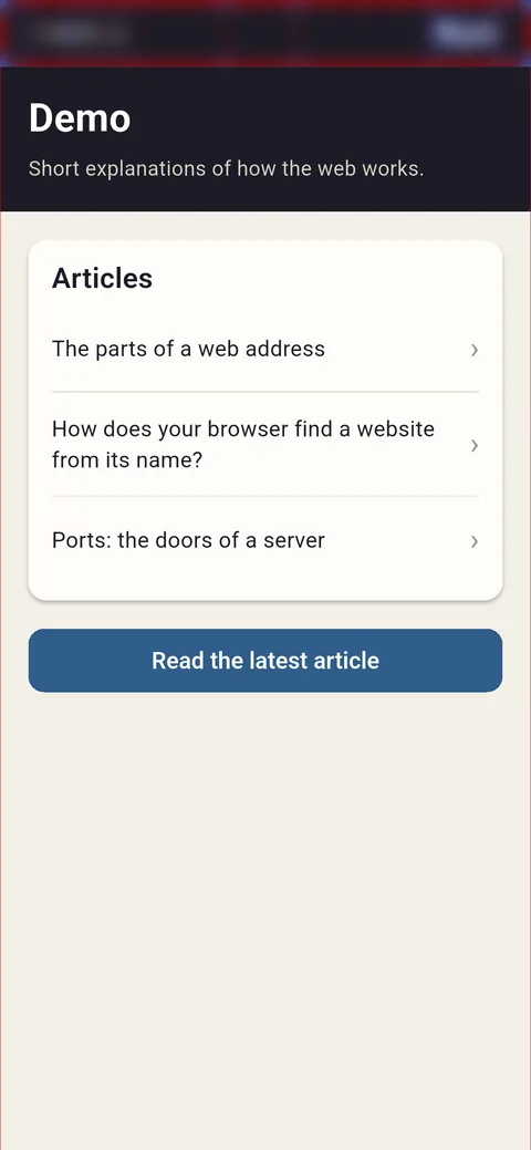 The Flutter demo app. With Show layout bounds on: one box around the whole screen, nothing outlined inside.