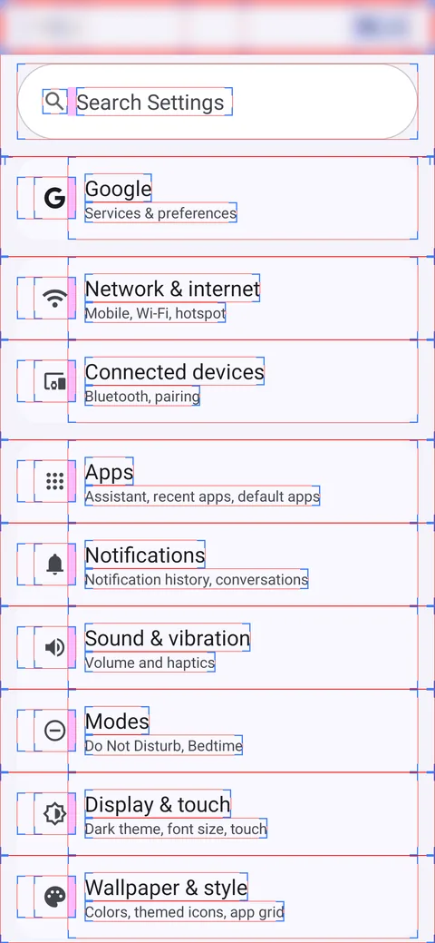 The Android Settings app with Show layout bounds on: a box around every row, icon and label.