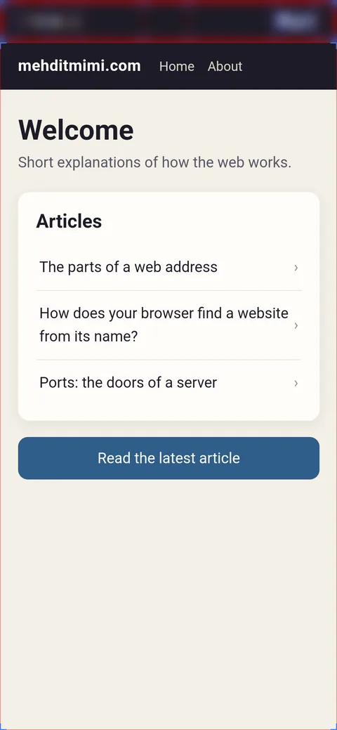 The hybrid demo app, a web page in a WebView. With Show layout bounds on: one box around the page, nothing outlined inside.