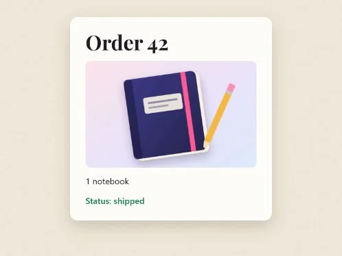 The finished order page, with the green line Status: shipped.