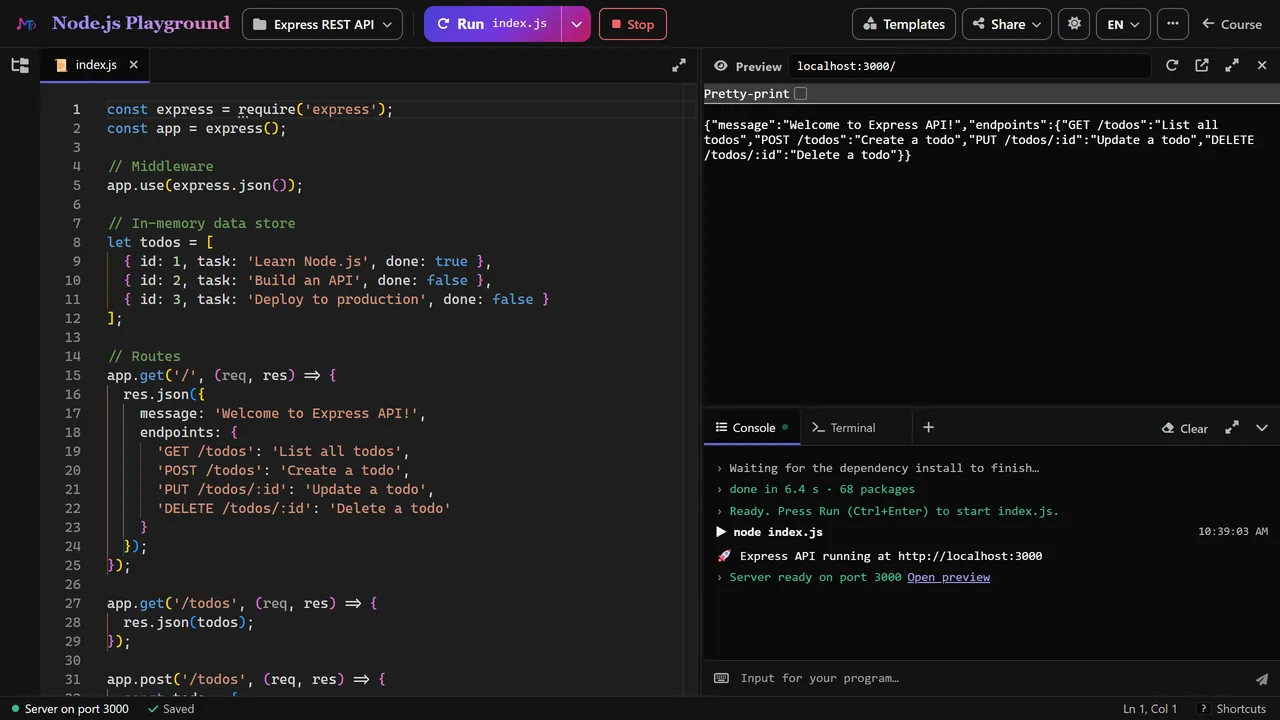 The Node.js Playground: an Express app, its preview and the terminal