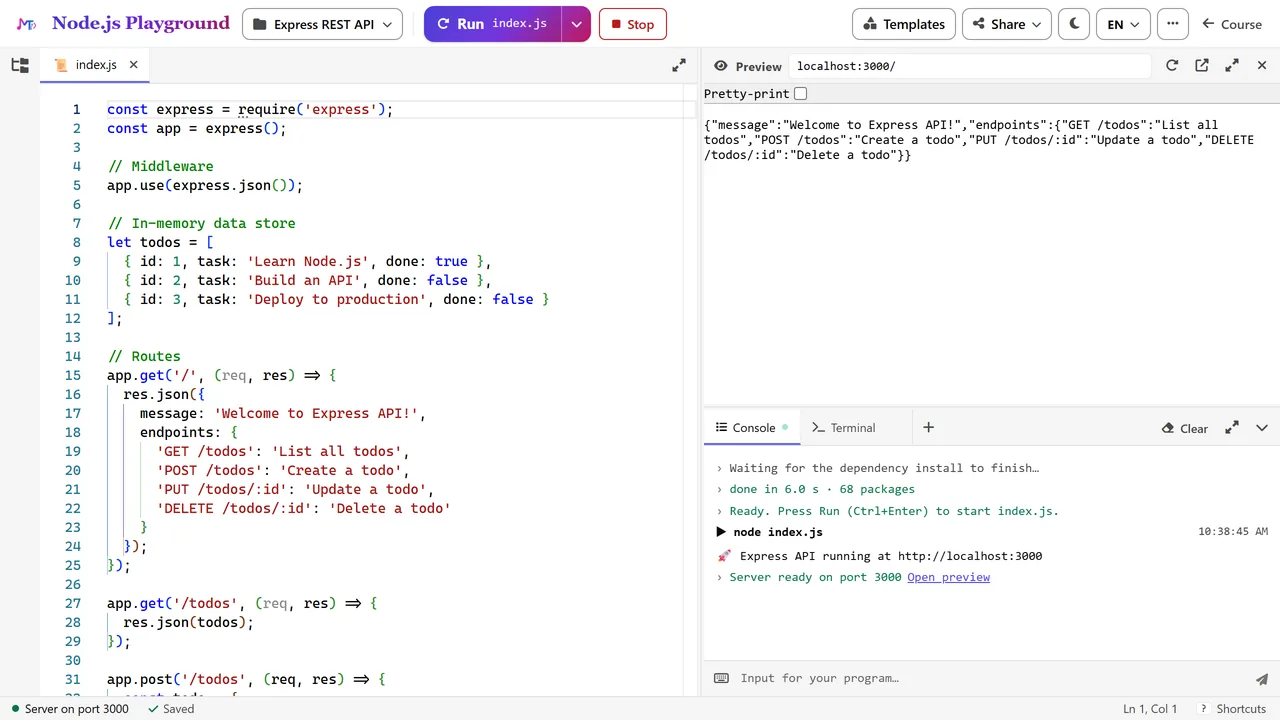 The Node.js Playground: an Express app, its preview and the terminal