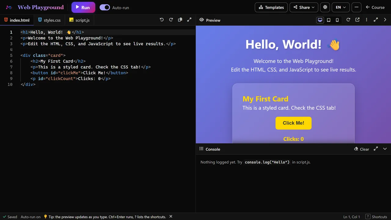 The Web Playground: HTML on the left, the live page on the right