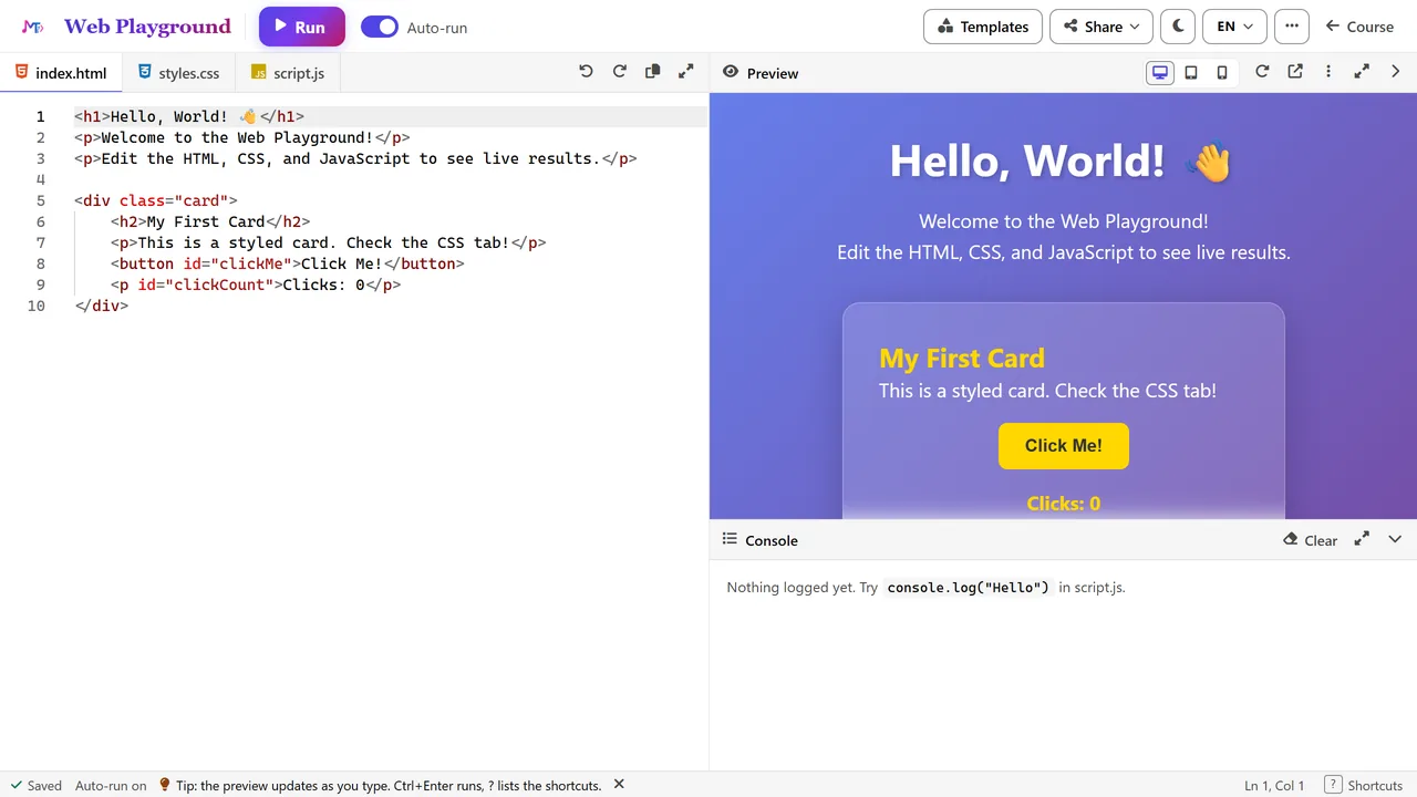 The Web Playground: HTML on the left, the live page on the right